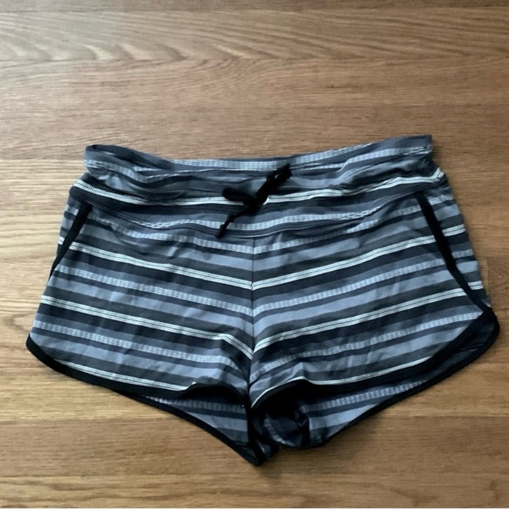 Athleta Gray & Black Striped Swim Board Shorts, Built in Panty Drawstring Medium